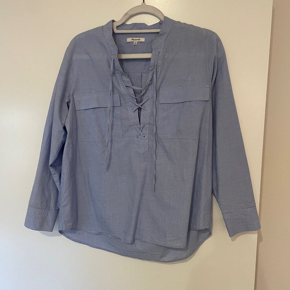 Madewell Light Blue Lace-Up Blouse Long Sleeve Utility Top